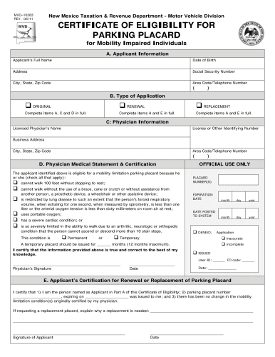 MVD Form 10383 - Handicap Parking Placard